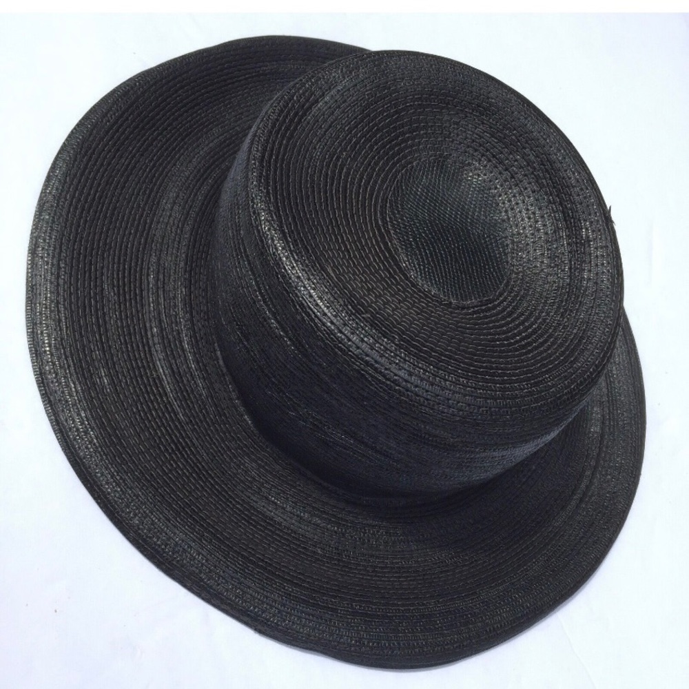 VINTAGE: 1980'S Black corded leather hat cloche. 20.5 in, size 7 1/4 inches